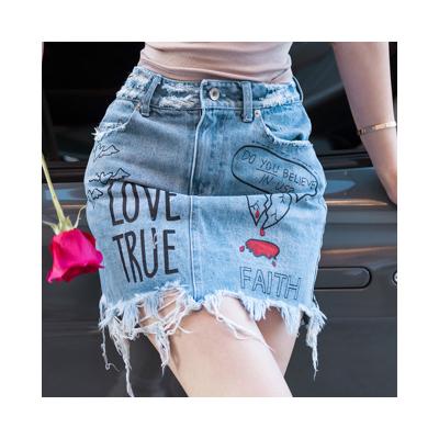 China 2020 QUICK DRY Short Women's Denim Skirt Printed Hole Women's High Waisted Skirts for sale