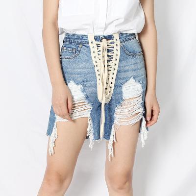 China Jeans Women blue QUICK DRY 2021 lace up denims ragged high waisted shorts jeans and street fringe women for sale