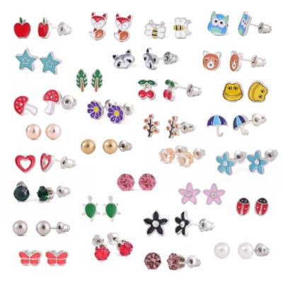 China TRENDY 30 Pairs / Set Stainless Steel Cute Animal Stud Earrings Smudge Frog Mushroom Stud Earrings Setting For Women for sale