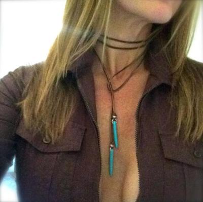 China FASHIONABLE Korean Bohemian Turquoise Stone Natural Turquoise Long Chain Sweater Chain Pendant Necklace for sale