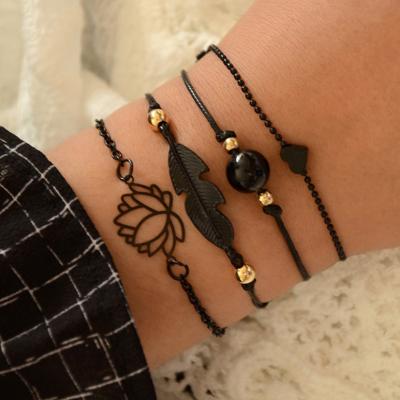 China FASHIONABLE Lotus Heart Leaf Bead Black 4pcs/set Chain Bracelet For Girls for sale