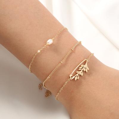 China Latest TRENDY 18K Leaf Pearl Charm Multilayer Gold Bracelet for sale