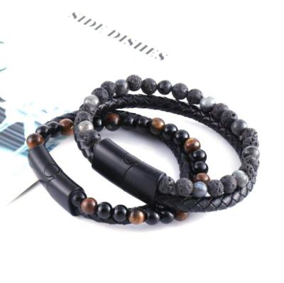 China New Lava Stone Red Tiger Eye Magnetic Buckle Men's Bracelet FASHIONABLE Leather Bracelet for sale