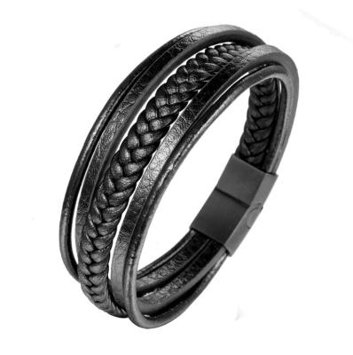 China FASHIONABLE Cowhide Bracelet Stainless Steel Multilayer Woven Black Leather Bracelet For Men Jewelry for sale