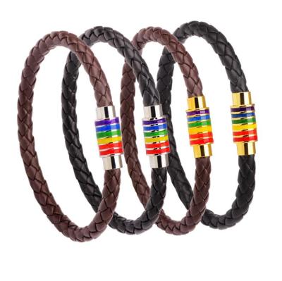 China Cowhide Copper Magnetic Cheerful Braided Rainbow Buckle Fashion Leather Bracelet for sale