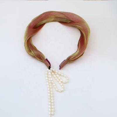 China 2021 European and American popular freshwater style tassel pearl style colorful silk material headband retro headband for women and girl for sale