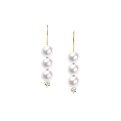 China Wholesale Classic Women's Natural 18K Gold Triple Akoya Pearls Diamond Drop Earrings for sale