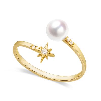 China Elegant Women's 18K Yellow Gold 5-5.5mm Akoya Pearl And Starbrust Diamond Spill Open Ring Whosale Free Shipping for sale