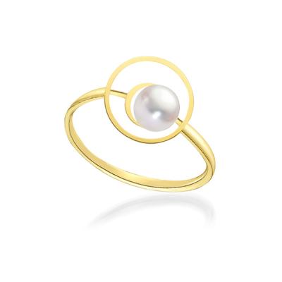 China Elegant Women's 18K Yellow Gold Graduation Circles With 4-4.5mm Akoya Cultured Pearl Engagement Ring Free Shipping for sale