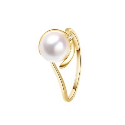 China Classic Women's 18K Yellow Gold Engagement Wedding Ring with 7-7.5mm Akoya Pearl and Diamond Sidestone Free Shipping for sale