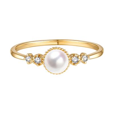 China Classic Women's 18K Yellow Gold Akoya Cultured Pearl with Diamond Sidestones Engagement Ring Wedding Ring Free Shipping for sale