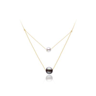 China Classic Women's 18K Yellow Gold Double Layered Chain Necklace With Akoya Pearl And Tahitian Pearl Free Shipping Wholesale for sale