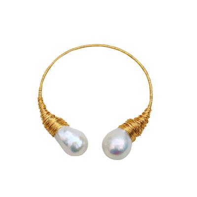 China Wholesale 14K Baroque Gold Filled Pearl Bracelet Natural Baroque Freshwater Brass Wired Simple Open Adjustable Bracelet for sale