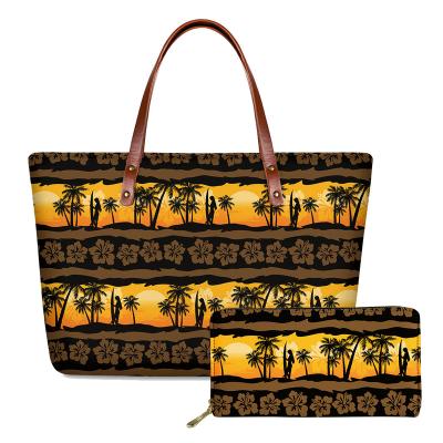 China Wholesale Lightweight Women Bag Mochilas-Juvenil Logo Hawaiian Coconut Hibiscus Flower Custom Made 2Pcs Pattern Set Handbags Wallets Women 2021 for sale