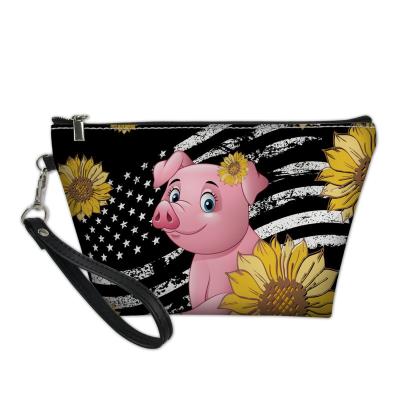 China Wholesale Eco-friendly Beauty Makeup Bag Organizer Cosmetic Cartoon Cute Pig With USA Flag Sunflower Pattern Cosmetic Bags Pouch With Logo for sale