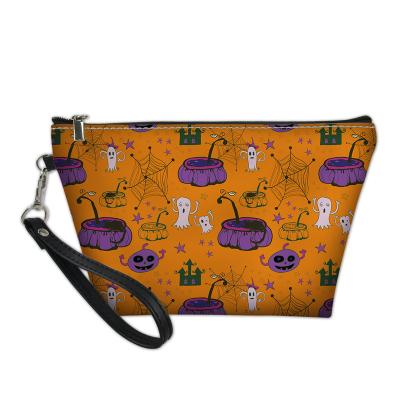 China Eco-friendly PU Leather Toiletry Kit Vanity Bag Cosmetic Makeup Halloween Small Witch And Pumpkin Printed Traveling Cosmetic Bag Functional for sale