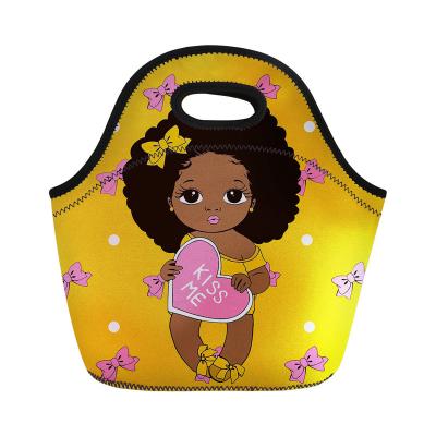 China New Design Fashion Lightweight Luxury Black African Picnic Bag Lunch Box American Girls Printed Kids School Lunch Bags Insulated Washable for sale