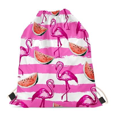 China Lightweight Flamingo Printing Drawstring Bag Travel Promotional Foldable Shoes Bag Small Tropical Pink Animal Drawstring Bag Custom for sale