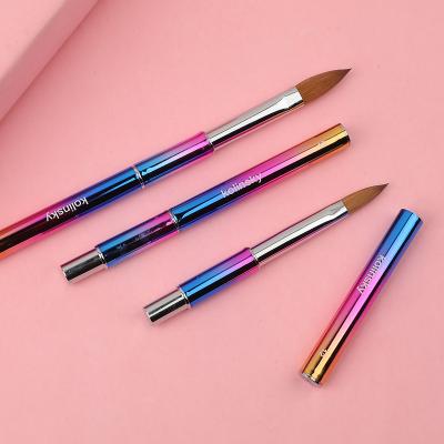 China Hot Sale High Quality Custom 100% Acrylic Kolinsky Nail Art Brush 2021 Rainbow Nail Brush Blue Mental Brush Handle Pinceles Kolinsky Nail Brush With Cover for sale