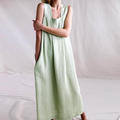 China 2022 new style solid color canvas natural fiber square neck casual woven loose sleeveless dress breathable fashion long maxi custom dress for sale