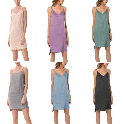 China Breathable ready to ship high quality organic French V-neck hotsale vest sheer casual linen casual sexy home dress stock custom for sale