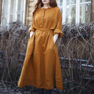 China 2022 autumn fold waist cotton female canvas retro winter breathable wholesale running canvas casual dress plus size skirt thick long dress for sale