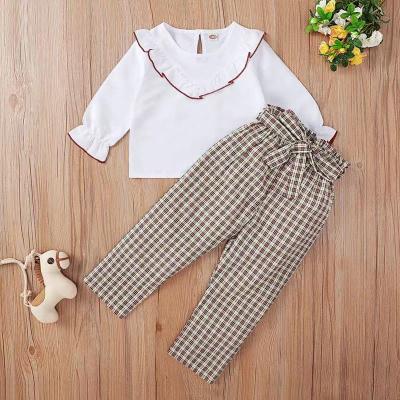 China Kids Casual Girl Clothing Fall Ruffle White Blouse With Plaid Long Pants 2pcs Suit Toddler Clothing Set for sale