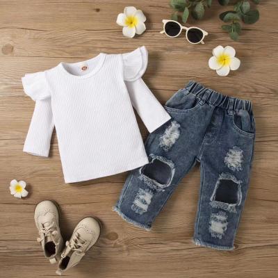 China Wholesale Casual White Kids Jeans Hole Blouse Girls Dress Kids Autumn Outfits Two-Piece Set Gaiters for sale