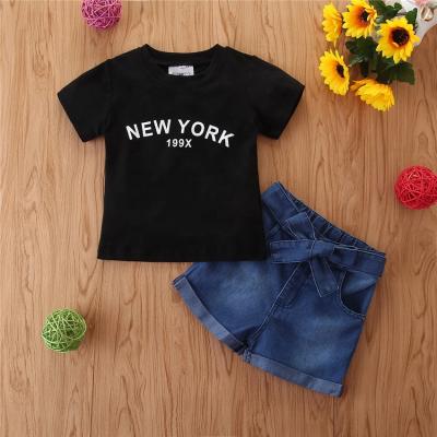 China Wholesale 2pcs Casual Toddler Baby Kids Summer New York T-shirt Tops +denim Pants Clothing Set for sale