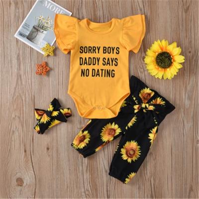 China Casual Infant Toddler Girl Clothes Cotton Yellow Romper + Floral Pants Newborn Babies Clothing Sets for sale