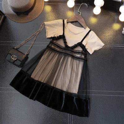 China New Fashion Toddler Summer Girls Dry Cleaning T-shirt Dress + Solid Tulle Dress 2 Pcs Girls Casual Dress for sale