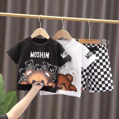 China Summer Casual Boys 2 Piece Clothing Set Short Sleeve Cartoon T-shirt + Plaid Shorts Clothing Set For Kids for sale