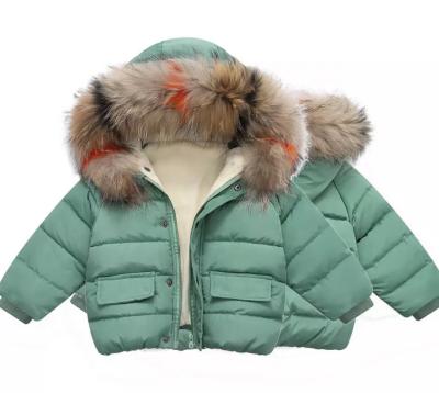 China Wholesale-Winter Girls' Winter Coat Waterproof Thick Collar Children's Fur Hooded Solid Color Cotton Jackets for sale