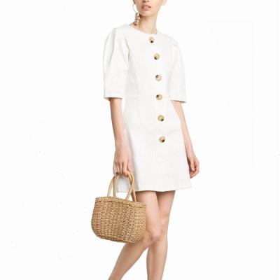 China Breathable Custom Wholesale Button Half Sleeve Vintage Women's White Plaid Dress for sale