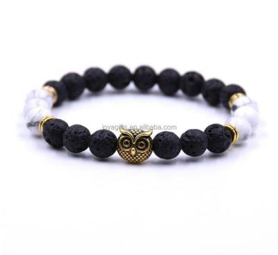 China BOHEMIA Gold Owl Head Volcanic Matte Beads Jewelry Lava Natural Stoneh Howlite Charkra Bracelet For Women Men for sale