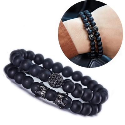 China CLASSIC 8mm Natural Stone CZ Micro Pave Crown King Queen Beads His And Hers Couple Bracelets Energy Volcanic Stone Micro Set Zircon for sale