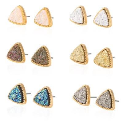 China Pretty Cute Druzy Stud Earrings 6 Color Crystal Triangle Stud Earrings Set For Women Girl Fashion 18k Gold Delicate Pierced Jewelry for sale