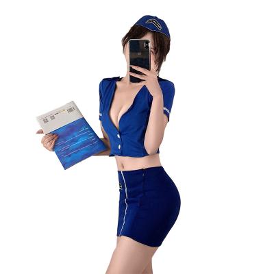 China Sexy hot sale female role play female temptation blouse miniskirt hollow out deep blue sexy female underwear set for sale