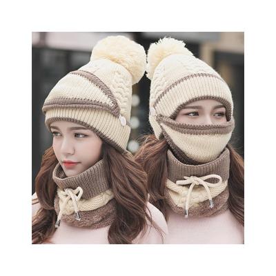 China Beautiful Three Piece JOINT Set Warm Korean Knitted High Quality Women Hearing Protection Hats For Winter for sale