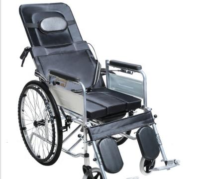 China Foldable Back High Commode Wheelchair Commode Reclining Steel Wheelchair for sale