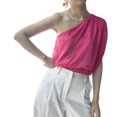 China 2022 Original Free Samples Anti-wrinkle Top Women's Design Sense Slot Slot Vest T-shirt Sleeveless Rose Satin Gloss Off Shoulder for sale