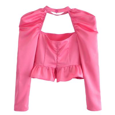 China TRA* Women's Anti-Pilling Fashion Soft Hollow Out Vintage Ruffled Crop Tops Long Sleeve Crop Blouses Backless Female Shirts Chic Wholesale Zipper Backless for sale