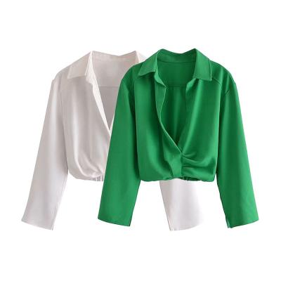 China TRA* Women's Anti-Pilling Fashion Pleated Cropped Blouses Vintage Three Quarter Sleeve Back Elastic Edge Chic Female Tops Wholesale Shirts for sale