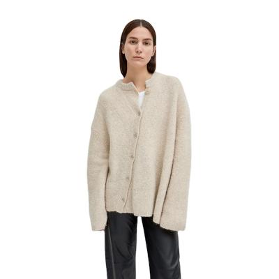 China Manufacturers Wholesale OEM Toteme Cashmere Version Anti-Wrinkle Asymmetric Women Mohair Cardigan Loose Diagonal Beige Lazy Coat Sweater for sale