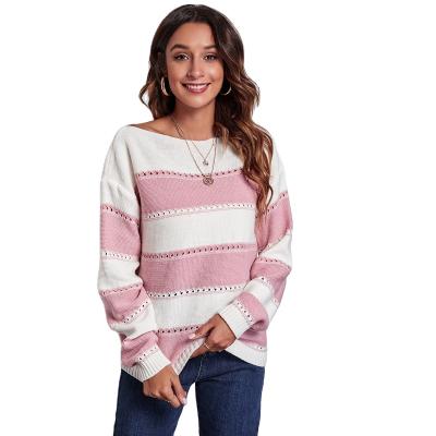 China 2021 Anti-wrinkle border herringbone neck striped hollow knit women's sweater for women in the fall and winter wholesale outlet head for sale