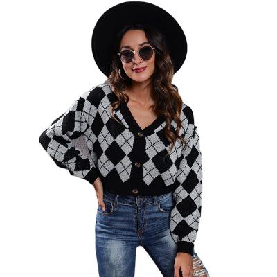 China OEM ODM 2021 Wholesale Loose Women's Manufacturers Autumn Popular Diamond Check Color Diamond Knitted Cardigan Short Sweater Anti-wrinkle for sale