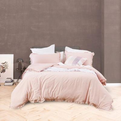 China Sustainable Honeymoon Customized Fringe Ruffled Design Soft 95Gsm Prewashed Duvet Cover Set Bedding For Bedroom for sale