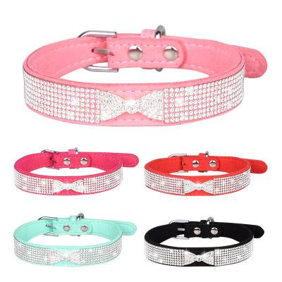 China New JEWELED Pet Collar Cat Collar Soft Suede Diamond Faux Stone Bow Dog Collar Crown for sale