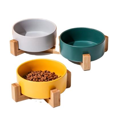 China Factory Wholesale Viable Easy To Clean Ceramic Cat Dog Bowl Dish With Feeder Wooden Cats Water Pet Food Holder Small Dogs Pet Bowl for sale