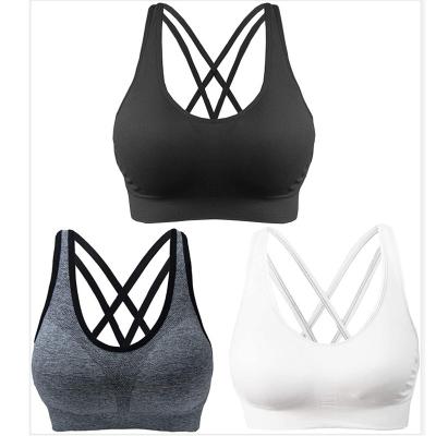 China Medium Support Breathable Cross Pack Women 3 Cups Yoga Sports Back Wireless Removable Bra for sale